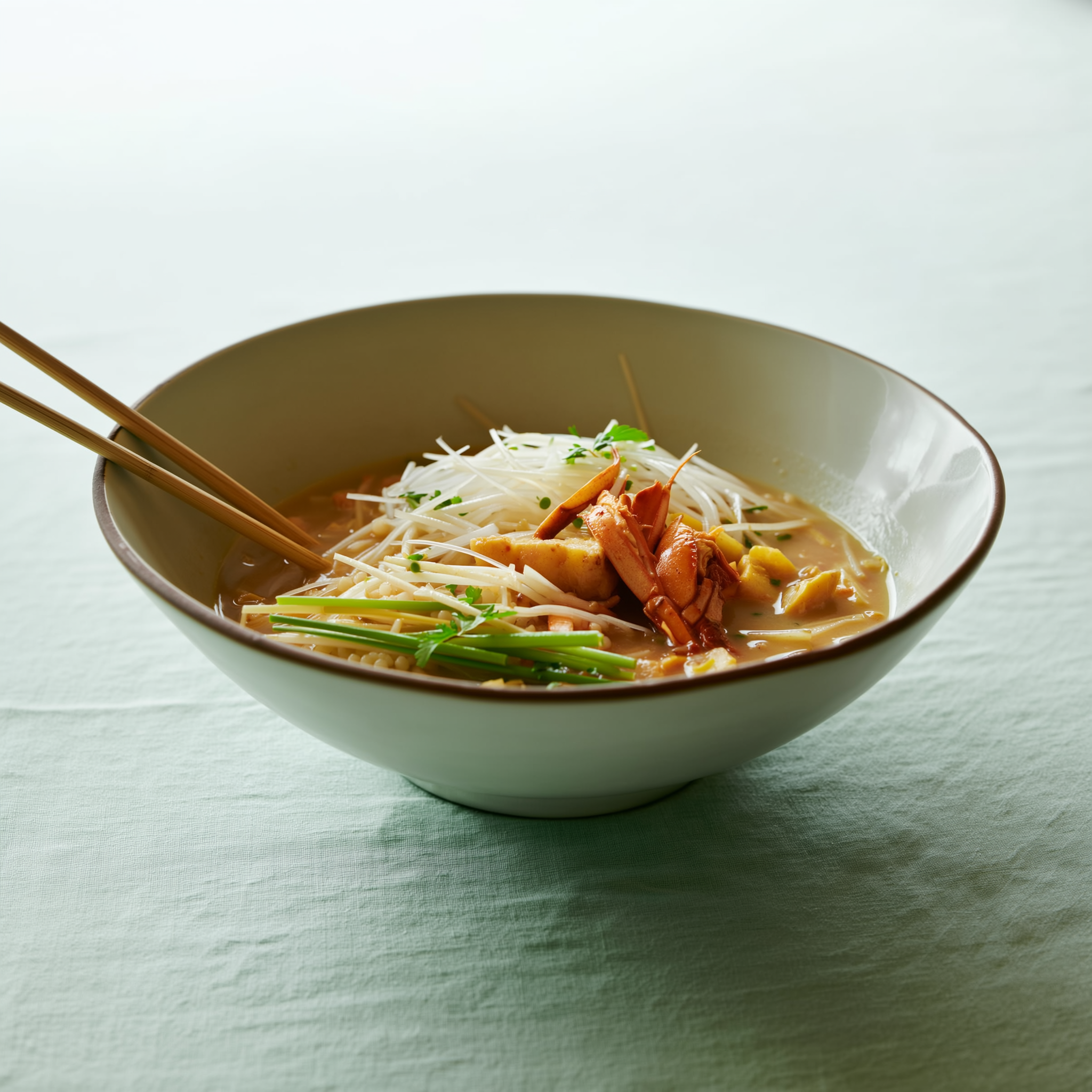 Sfeerbeeld van een kom met noedels en een Aziatische bouillon
