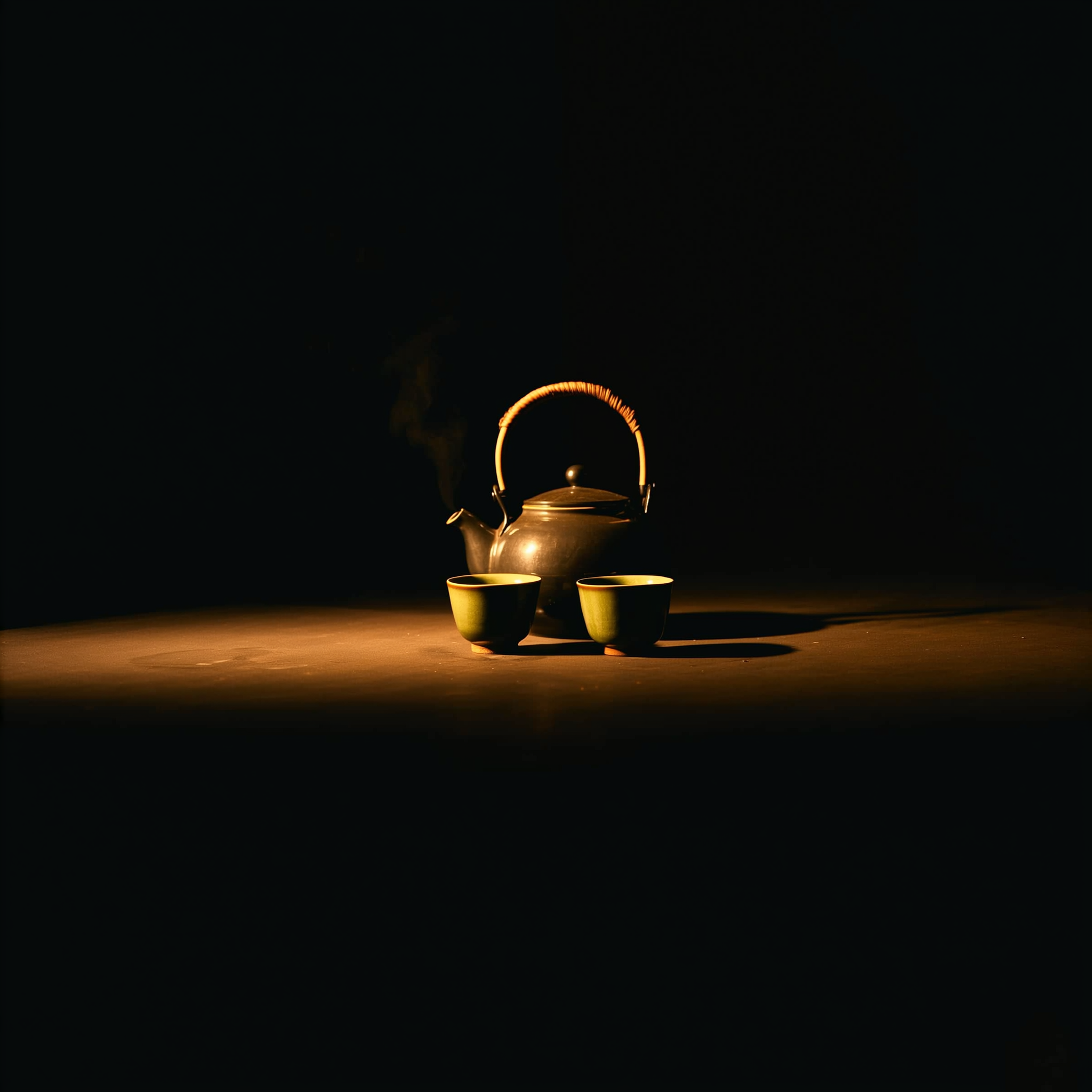 Sfeerbeeld van een theepot en kopjes in warm lamplicht