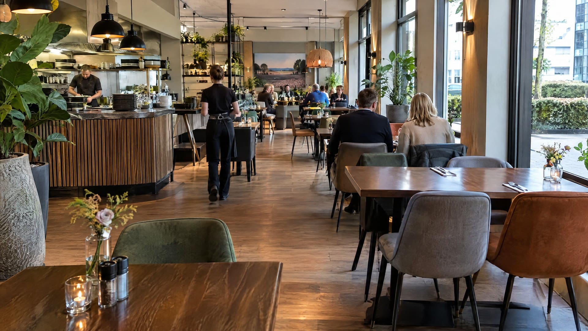 Sfeerbeeld van een restaurantzaal met houten tafels, groene stoelen en warm avondlicht